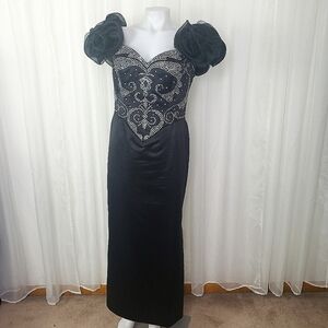 Vintage Rose Taft black satin gown Rhinestone bodice off shoulder puffed sleeves
